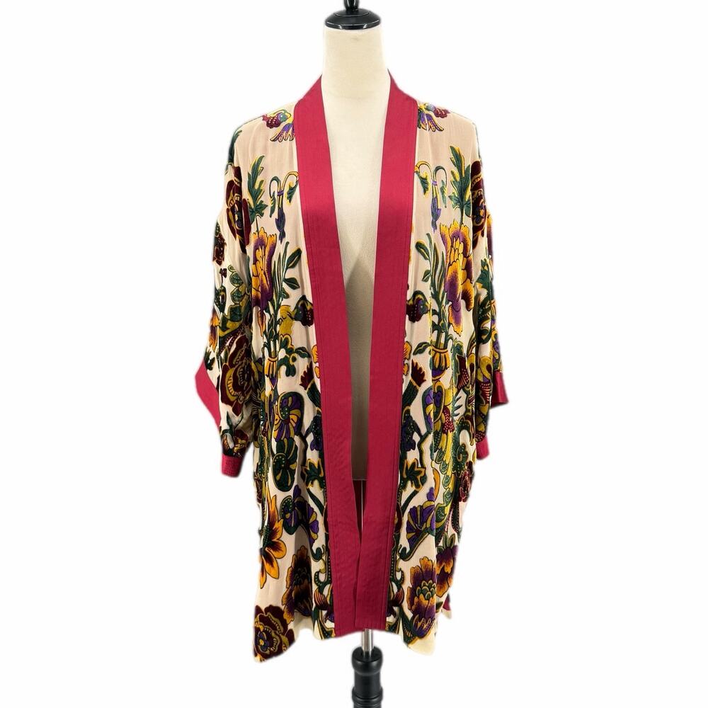 Chico’s L/XL Heritage Floral Velvet Burnout Kimono Fall Boho Layering Cardigan